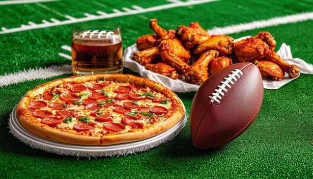 A Pizza and Wings Party Pack sitting next to a football with a football gridiron as the background